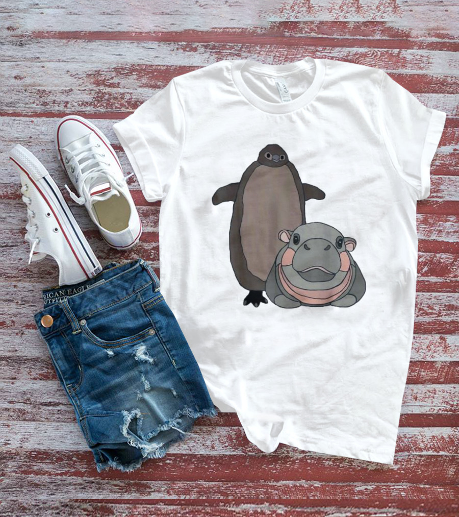 Pesto The Penguin And Moo Deng The Baby Hippo Cartoon Characters T-Shirt