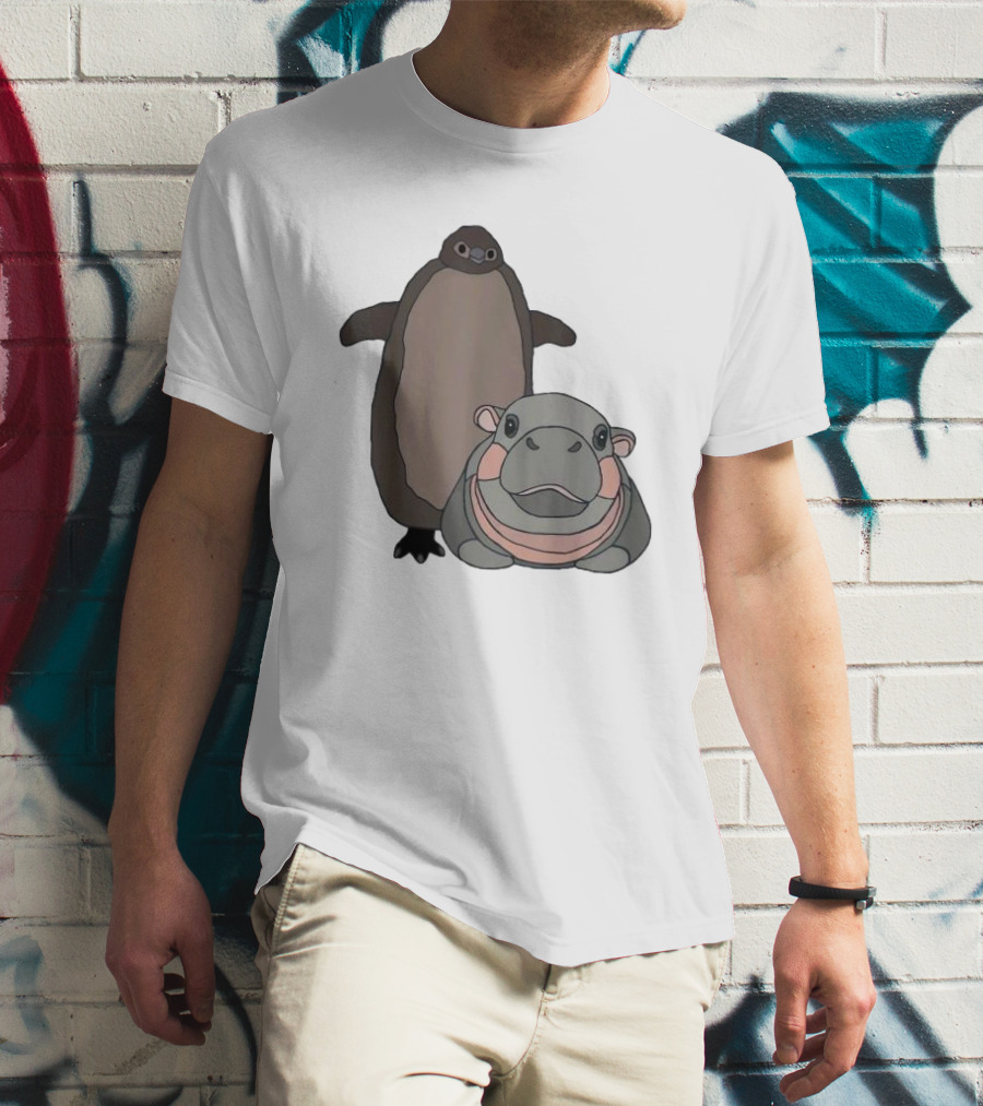 Pesto The Penguin And Moo Deng The Baby Hippo Cartoon Characters T-Shirt