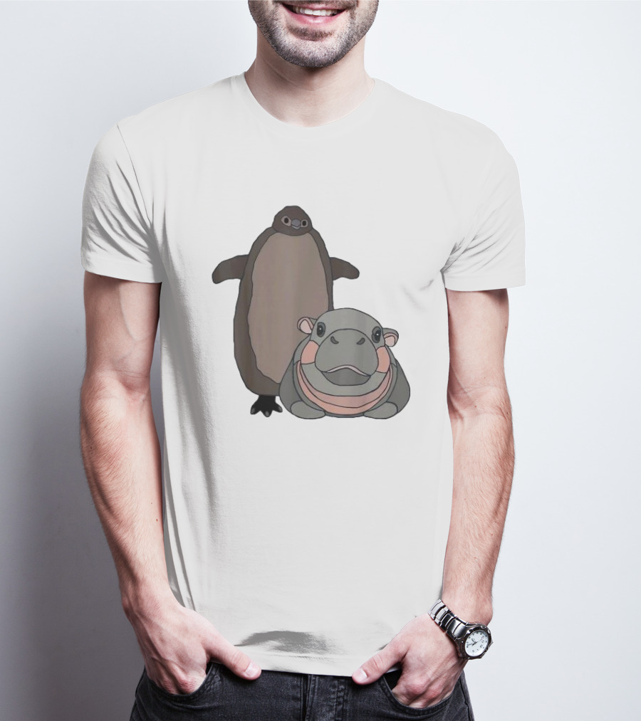 Pesto The Penguin And Moo Deng The Baby Hippo Cartoon Characters T-Shirt