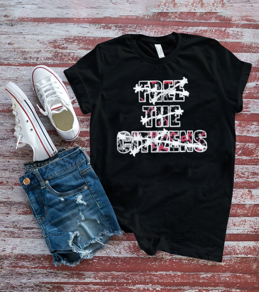 FREE THE CITIZENS Red And White Distressed Letters With Barbed Wire T-Shirt
