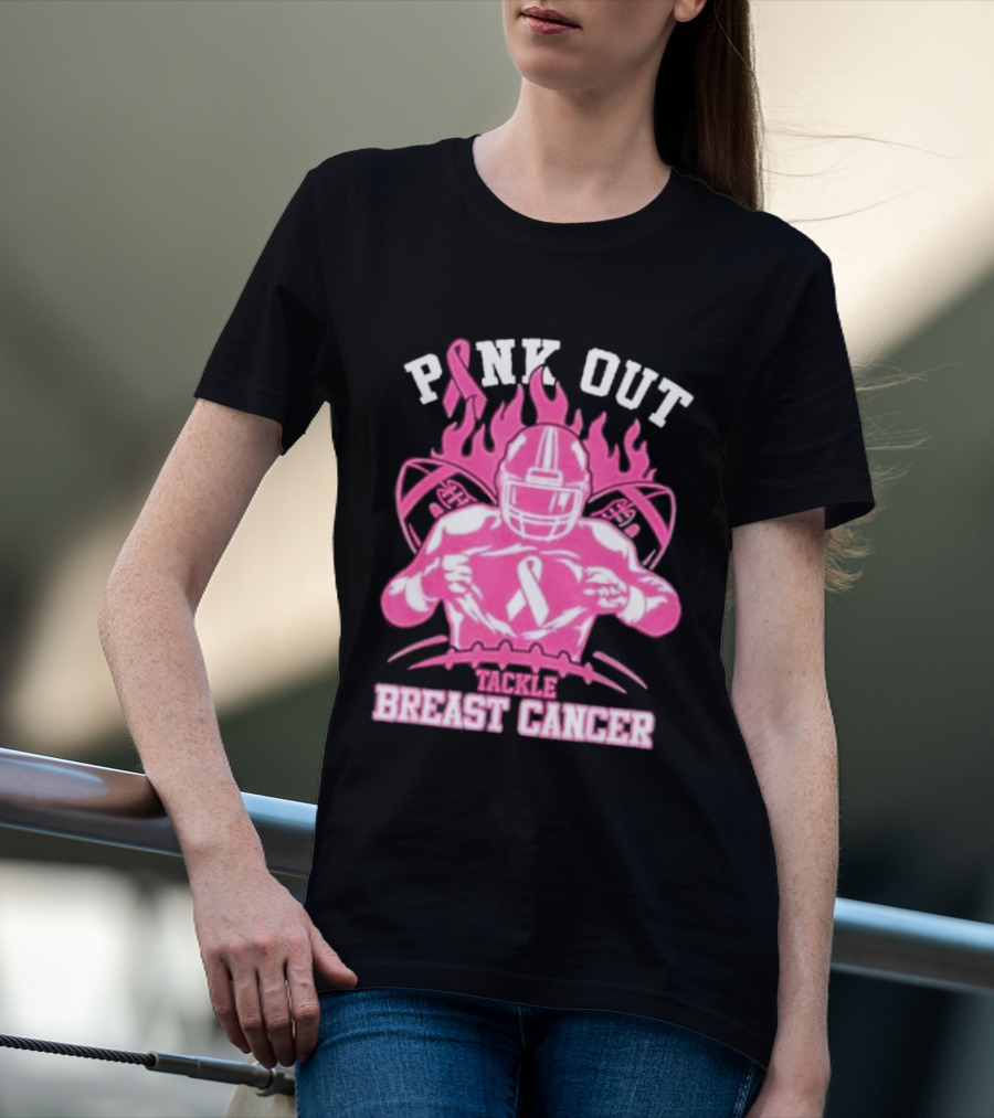 Pink Out Tackle Breast Cancer Awareness Football Player Ribbon Flames T-Shirt