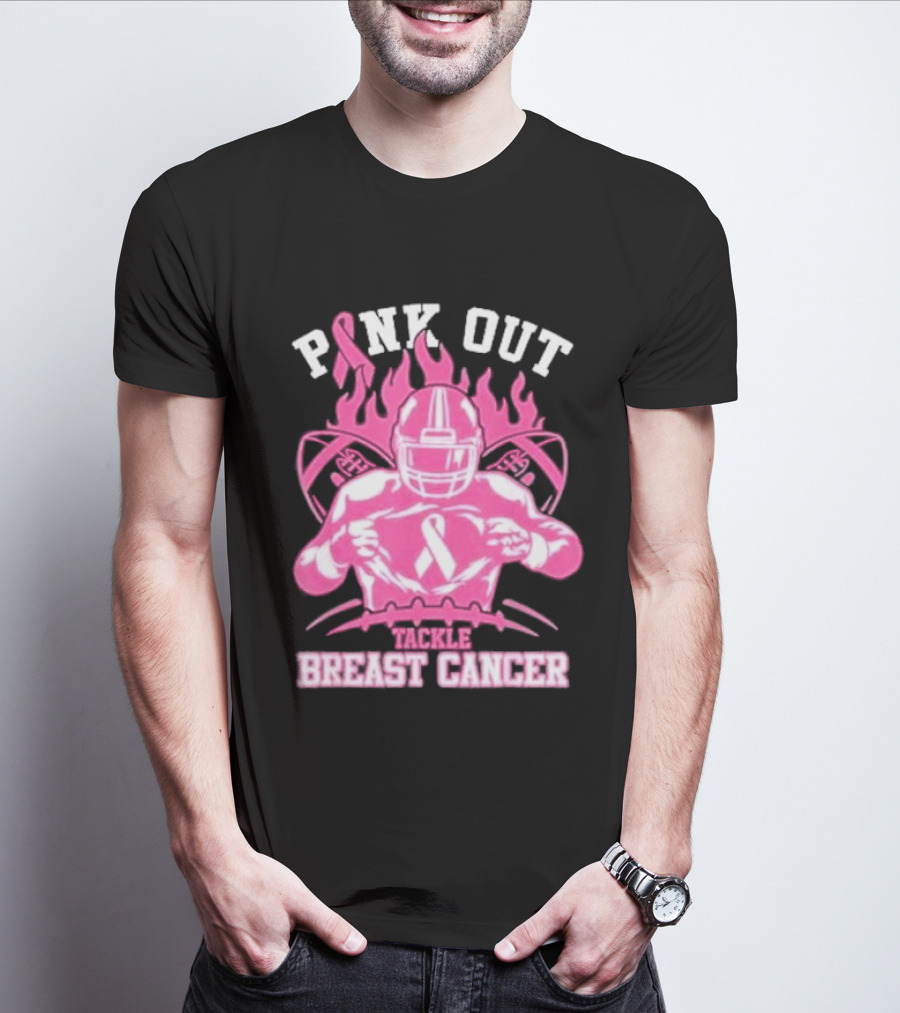 Pink Out Tackle Breast Cancer Awareness Football Player Ribbon Flames T-Shirt