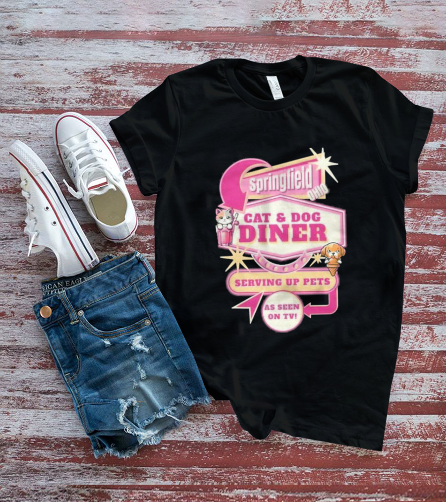 Springfield Cat And Dog Diner Serving Up Pets As Seen On TV Retro Neon Sign T-Shirt