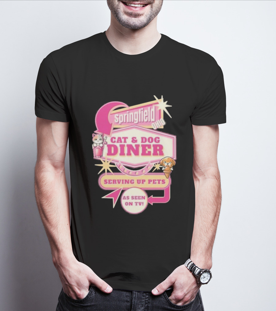 Springfield Cat And Dog Diner Serving Up Pets As Seen On TV Retro Neon Sign T-Shirt
