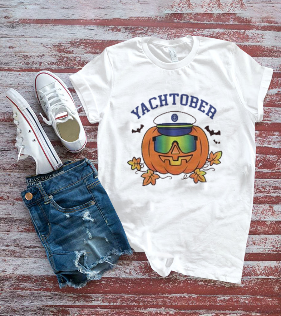 Yachtober Captain Pumpkin With Sunglasses And Bats T-Shirt