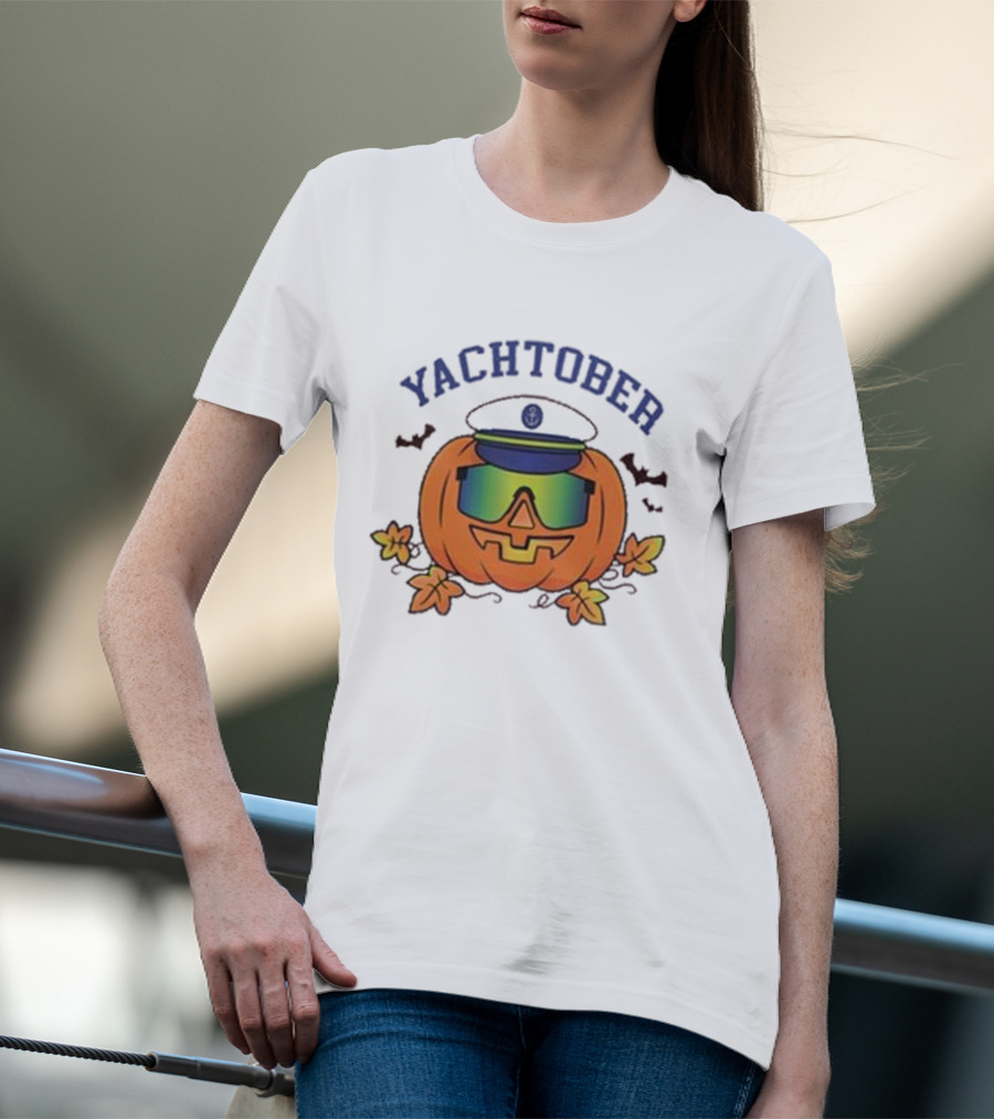 Yachtober Captain Pumpkin With Sunglasses And Bats T-Shirt