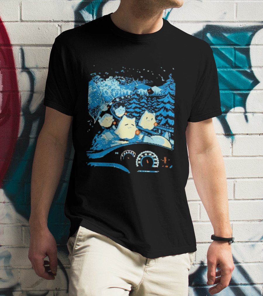 Haunted Road Pixel Art Ghost Cats Forest Adventure T-Shirt