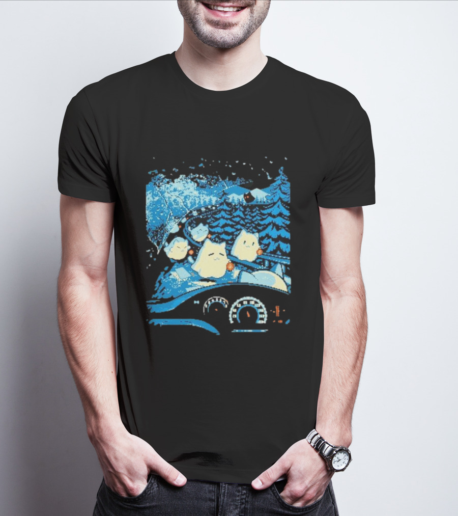 Haunted Road Pixel Art Ghost Cats Forest Adventure T-Shirt