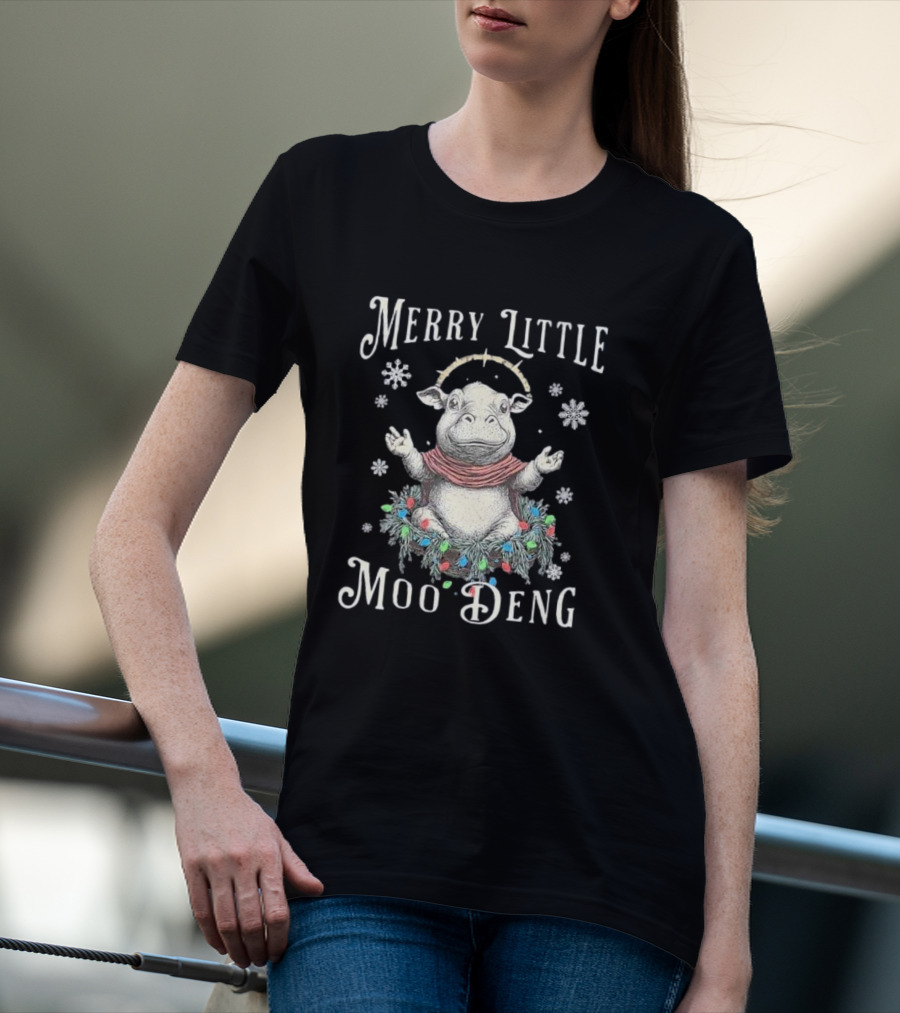 Merry Little Moo Deng Cute Christmas Hippo Surrounded By Snowflakes And Festive Wreath T-Shirt