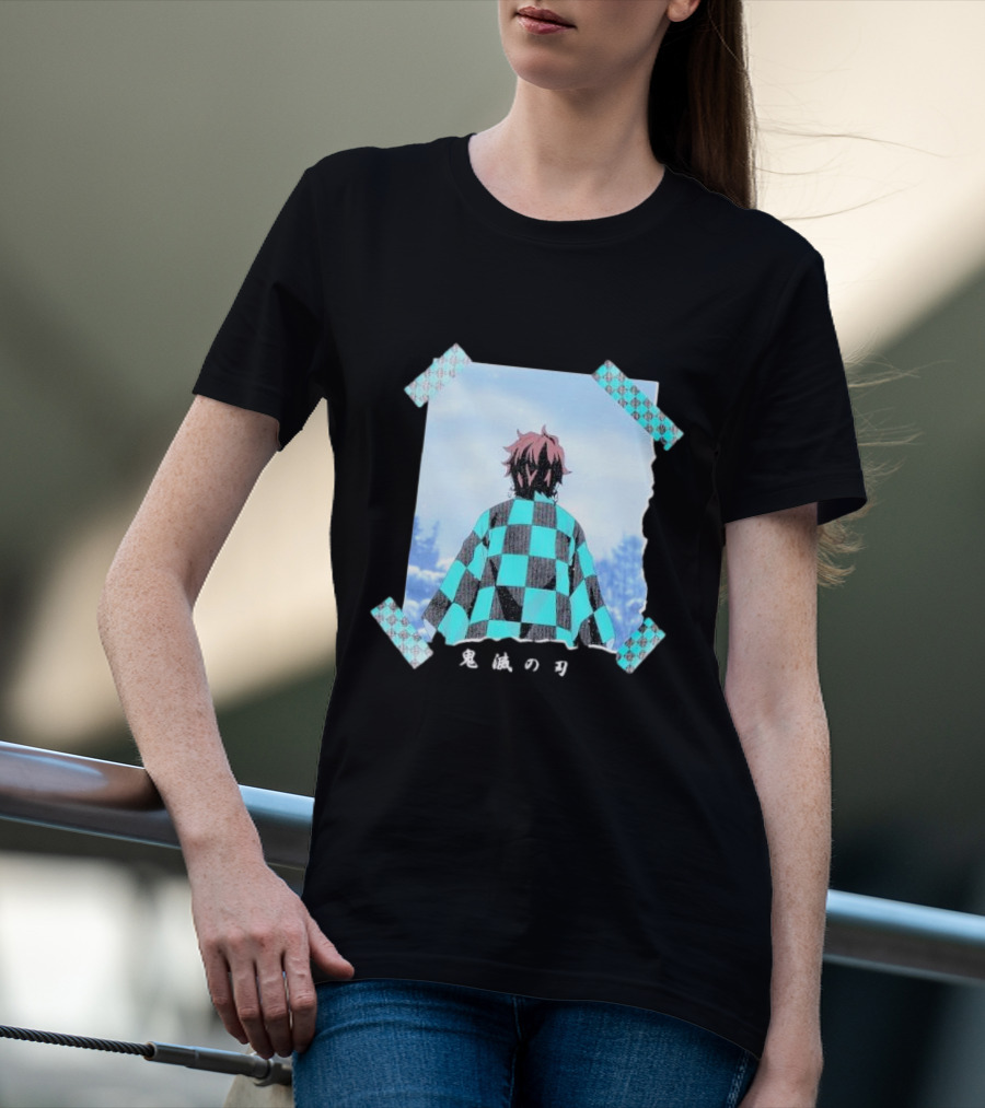 Demon Slayer Kimetsu No Yaiba Tanjiro Checkered Cloak Japanese Text UT Collection T-Shirt