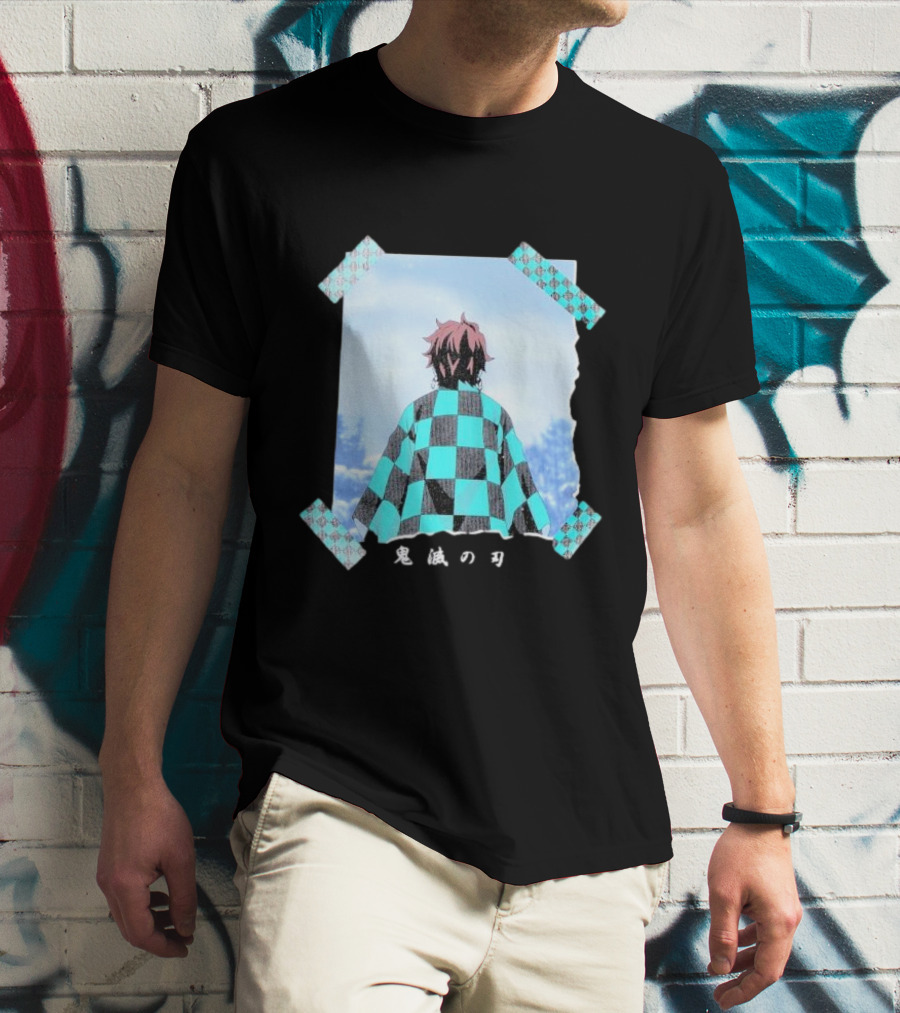 Demon Slayer Kimetsu No Yaiba Tanjiro Checkered Cloak Japanese Text UT Collection T-Shirt