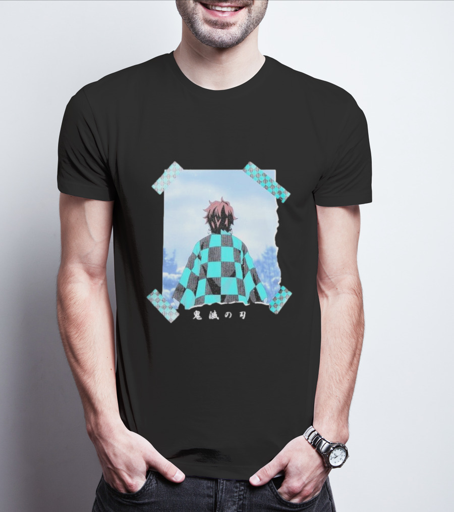 Demon Slayer Kimetsu No Yaiba Tanjiro Checkered Cloak Japanese Text UT Collection T-Shirt