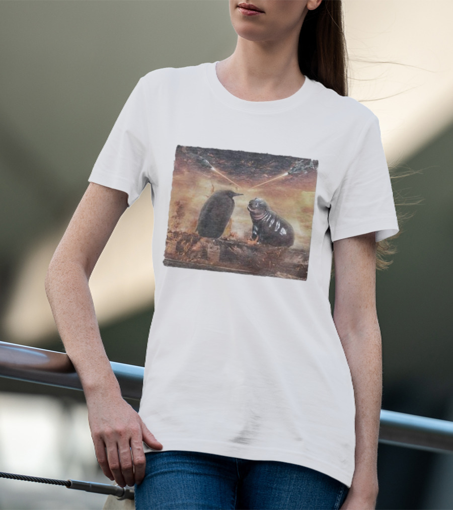 Baby Pesto Penguin Standoff With Moo Deng Amidst Battling Spaceships T-Shirt