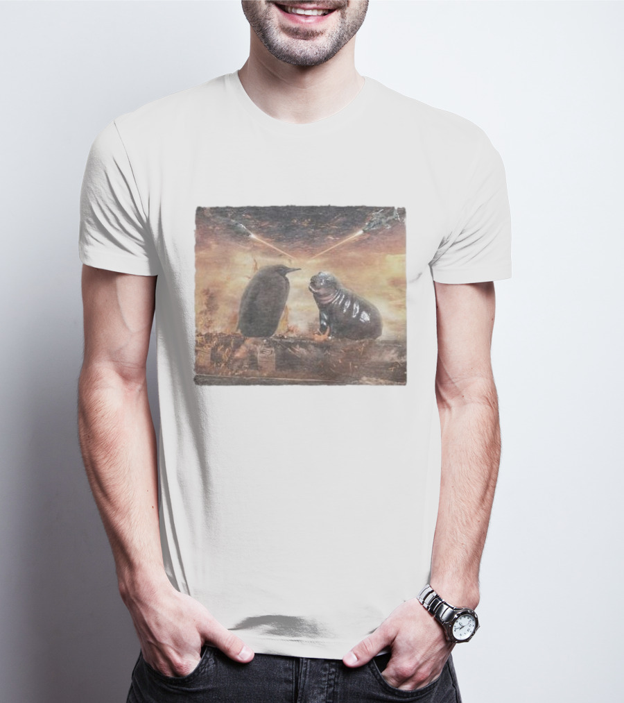 Baby Pesto Penguin Standoff With Moo Deng Amidst Battling Spaceships T-Shirt