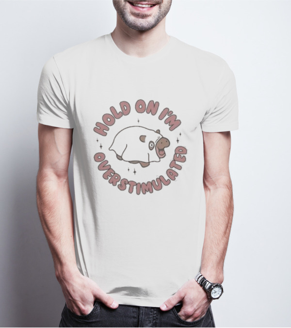Hold On I'm Overstimulated Cute Cartoon Cow With Sparkles T-Shirt