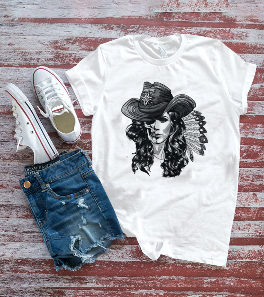 Mickie James Ghost Rider Cowgirl Skull Feather Hat T-Shirt