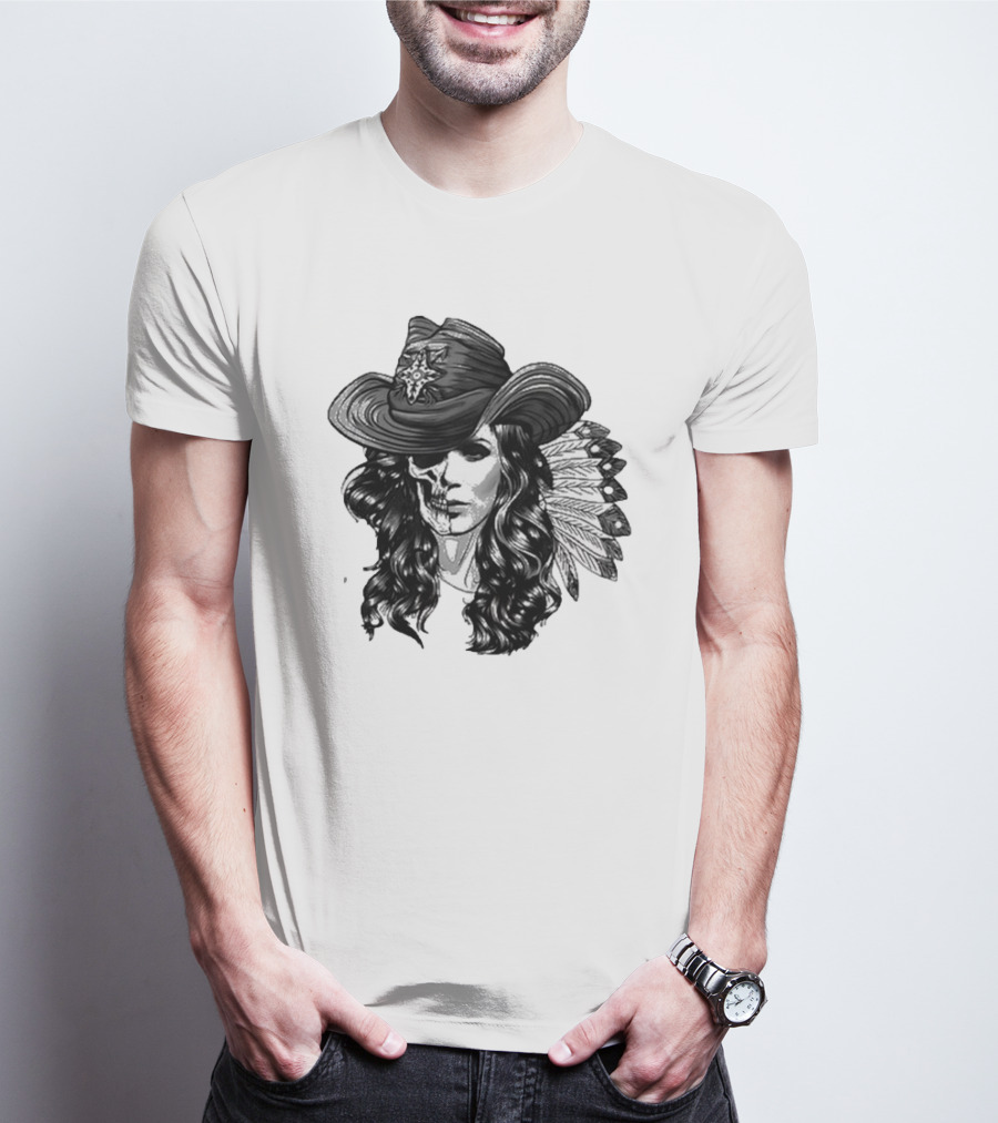 Mickie James Ghost Rider Cowgirl Skull Feather Hat T-Shirt