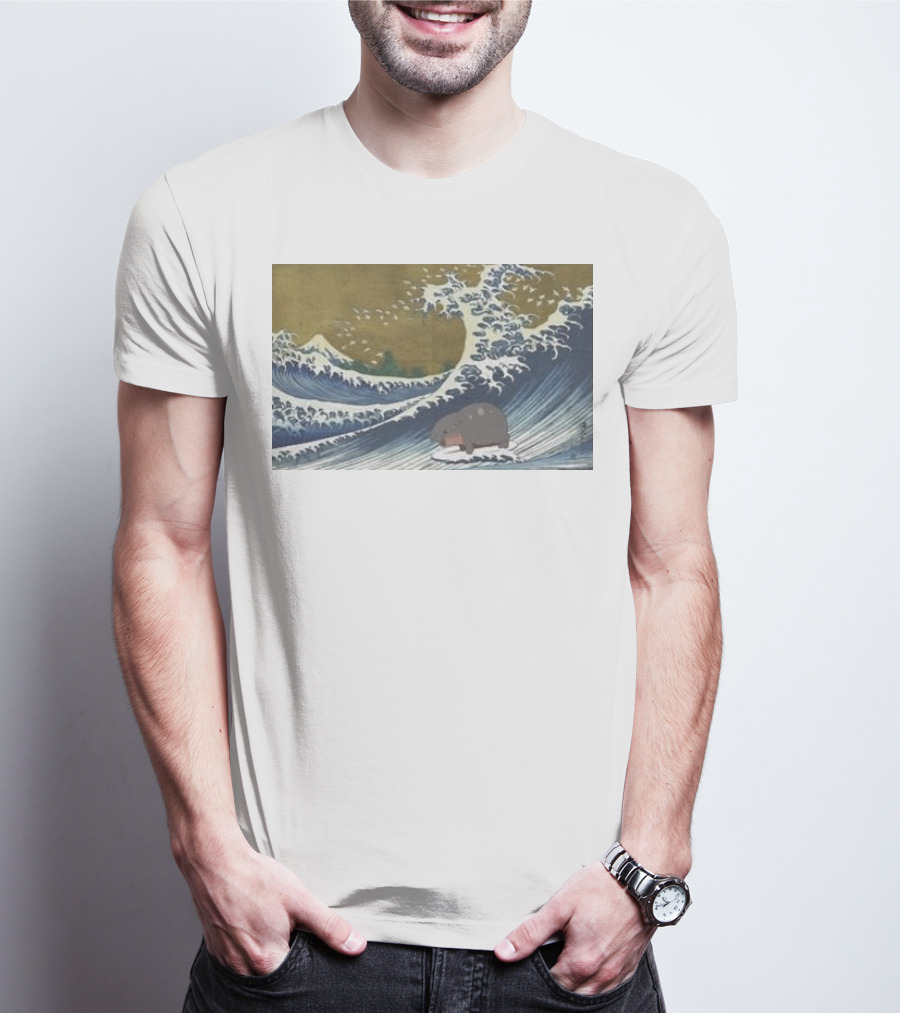 Moo Deng Surfing The Great Wave Off Kanagawa Hybrid T-Shirt