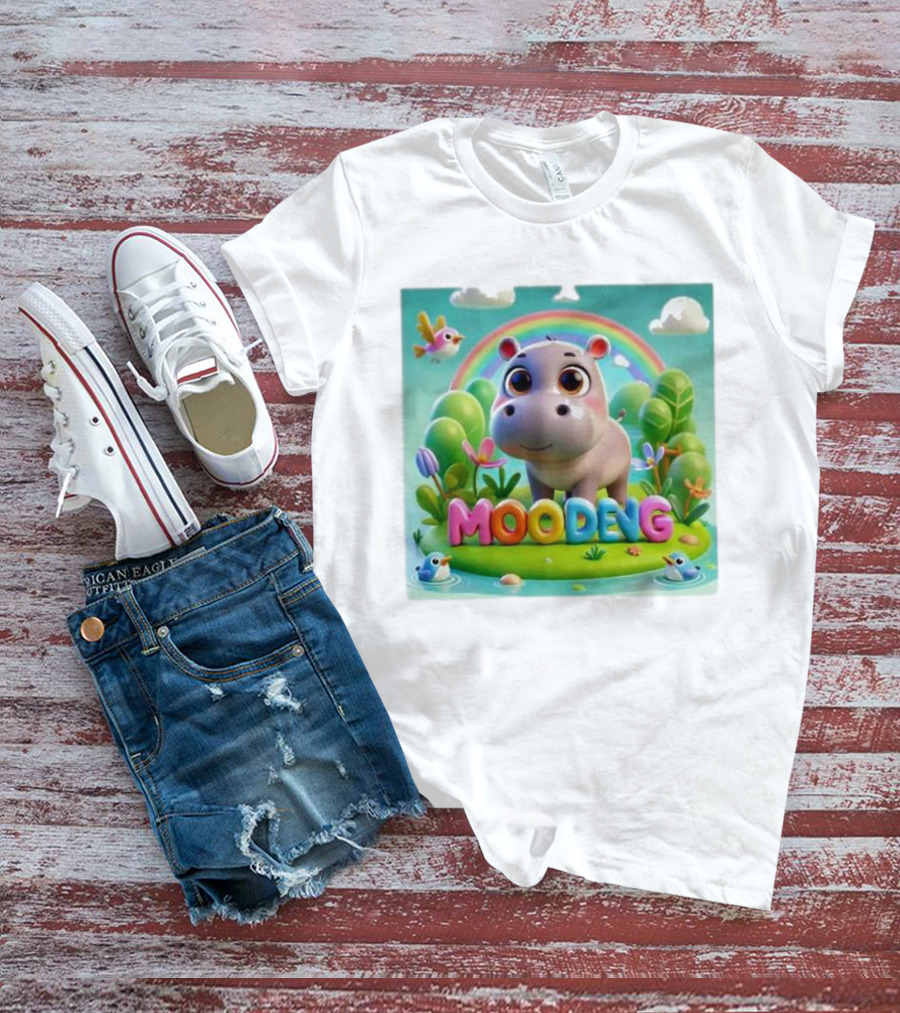 Moo-Deng The Famous Baby Pygmy Hippo Moo Deng Rainbow Meadow Scene T-Shirt
