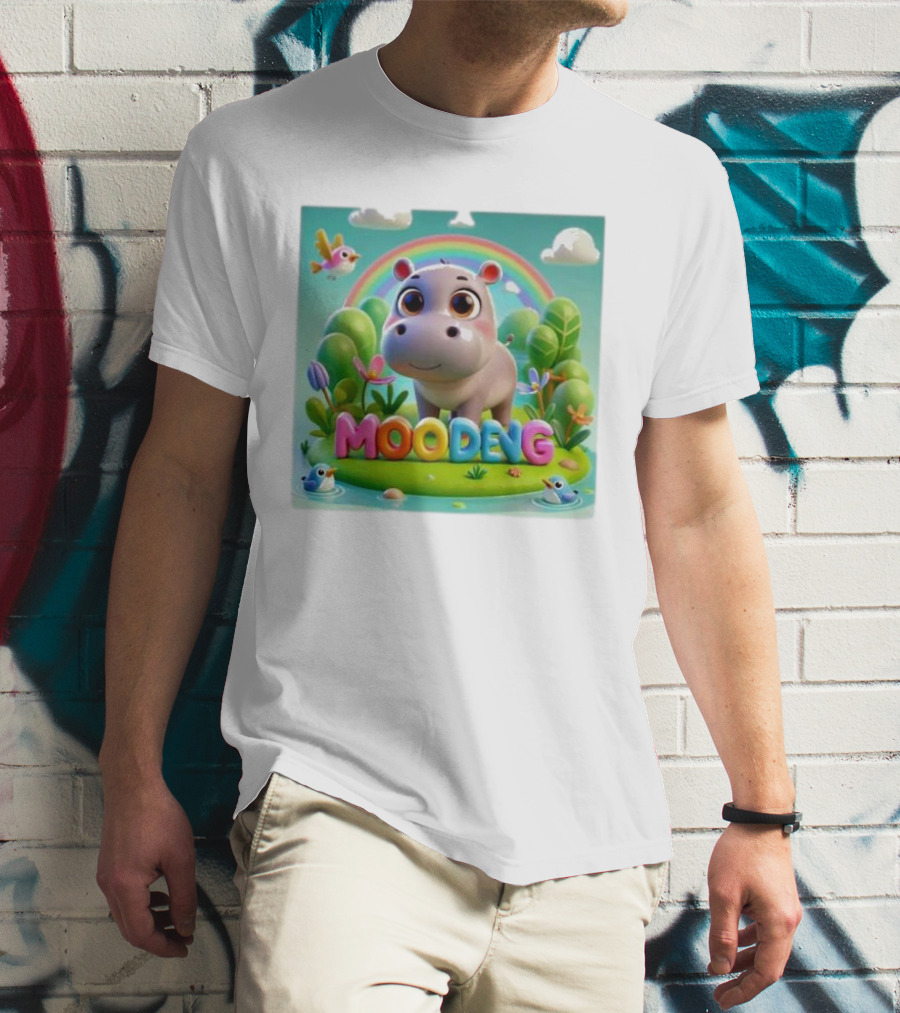 Moo-Deng The Famous Baby Pygmy Hippo Moo Deng Rainbow Meadow Scene T-Shirt