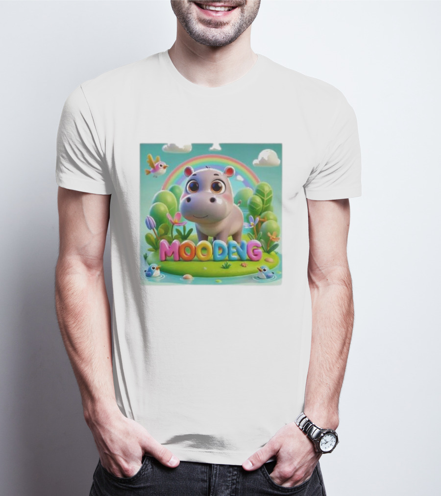 Moo-Deng The Famous Baby Pygmy Hippo Moo Deng Rainbow Meadow Scene T-Shirt