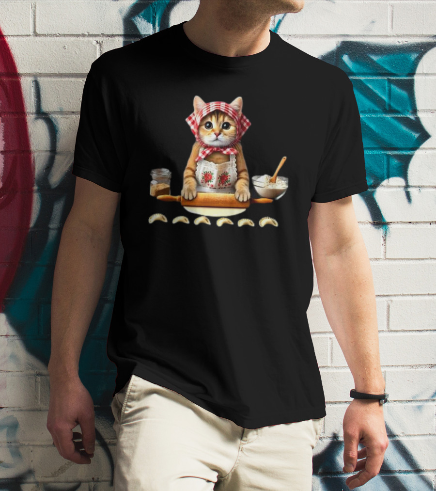 Cat Making Pierogi With Rolling Pin And Ingredients Polish T-Shirt