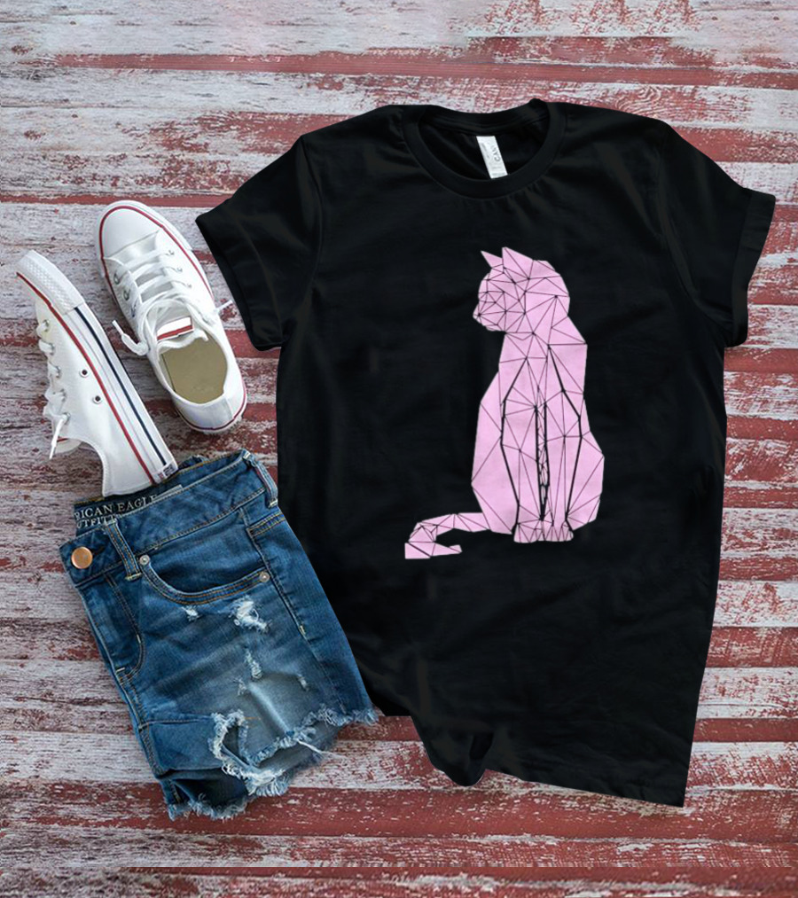Geometric Cat Feline Pet Lover Minimalist Pink Line T-Shirt