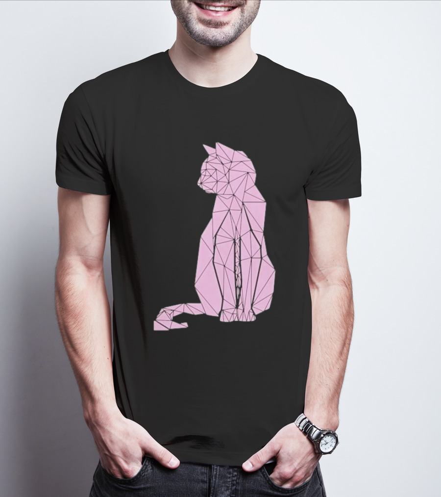 Geometric Cat Feline Pet Lover Minimalist Pink Line T-Shirt