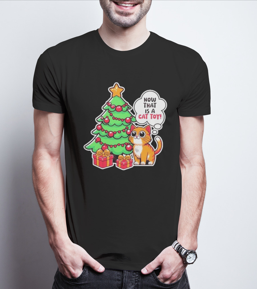 Now That Is A Cat Toy A Cute Orange Cat With Wide Eyes Next To Decorated Christmas Tree T-Shirt