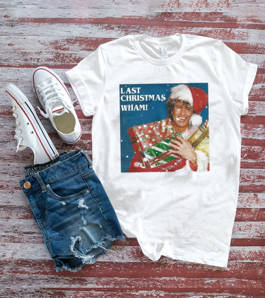 Last Christmas Wham George Michael Santa Hat Holding Gift T-Shirt