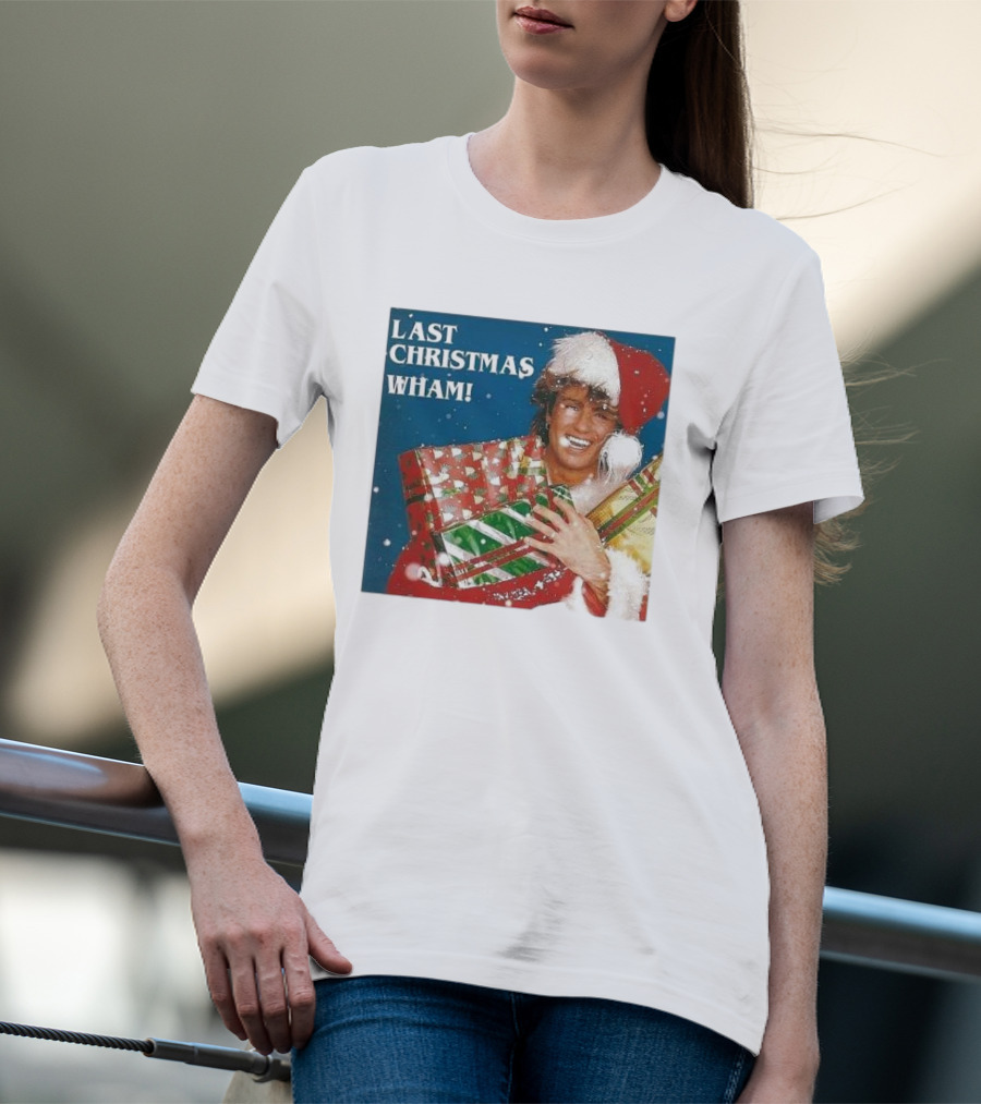Last Christmas Wham George Michael Santa Hat Holding Gift T-Shirt