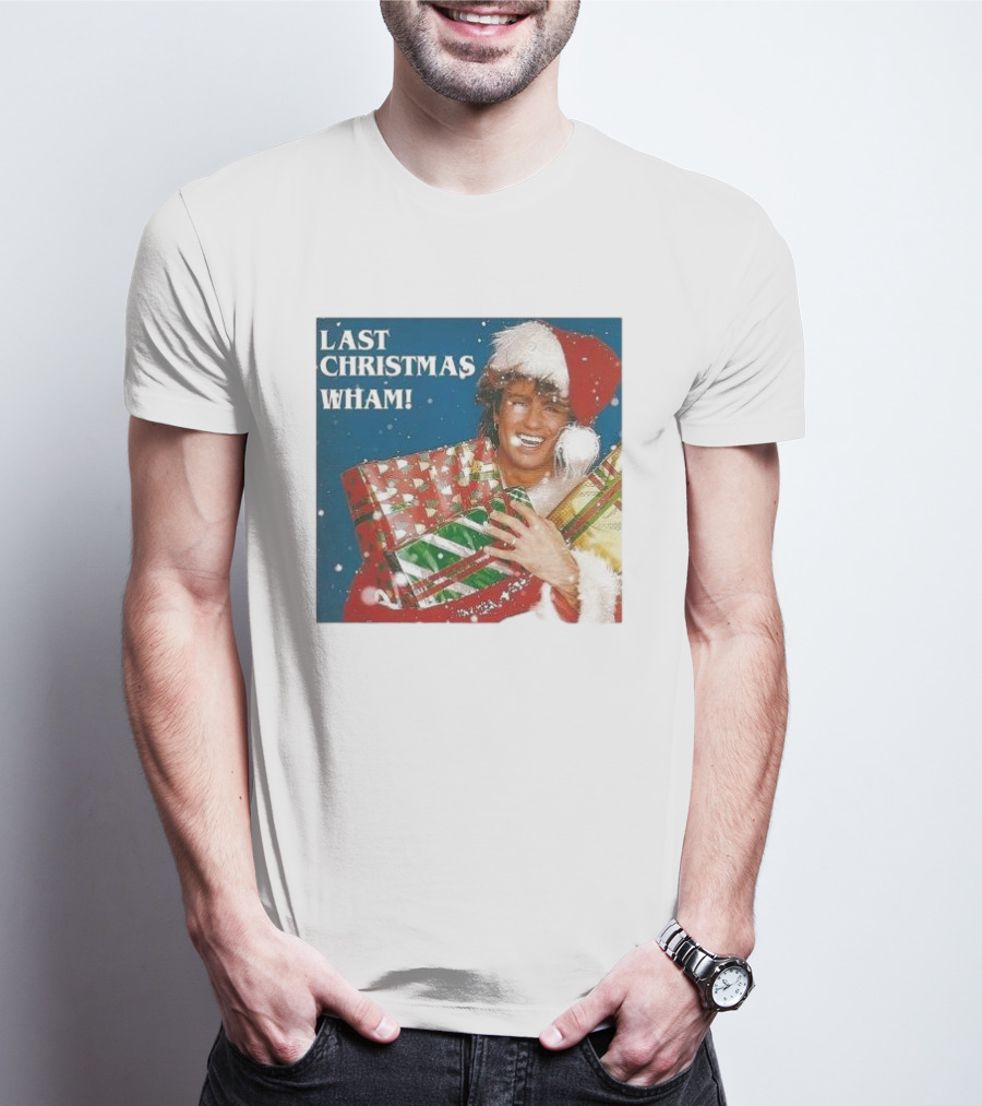 Last Christmas Wham George Michael Santa Hat Holding Gift T-Shirt