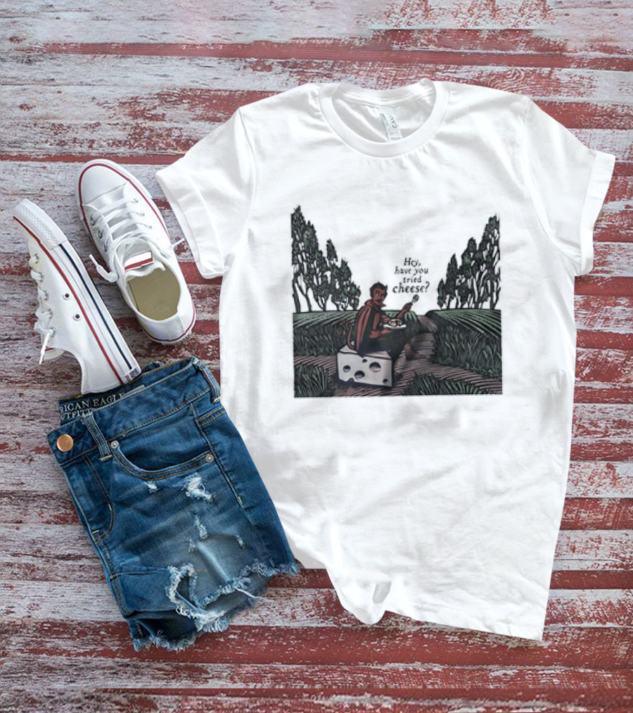 Devil Hey Have You Tried Cheese Sitting On Large Cheese Block In Countryside Scene T-Shirt