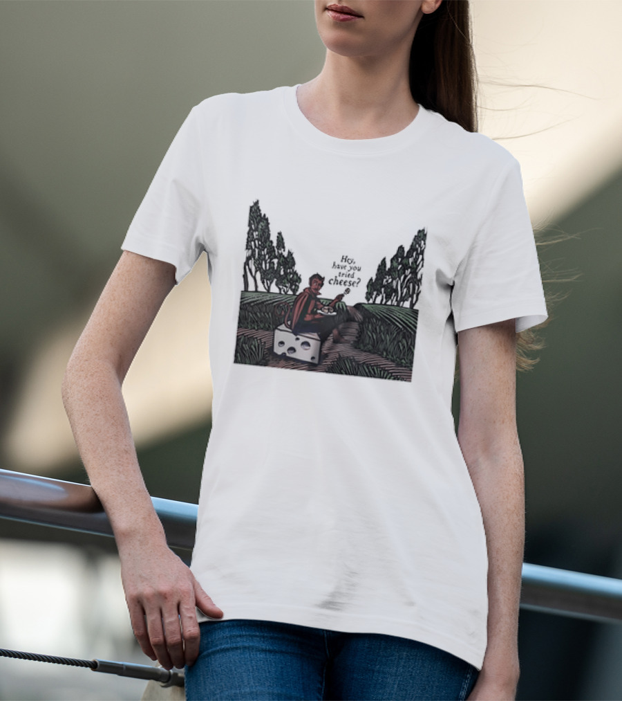 Devil Hey Have You Tried Cheese Sitting On Large Cheese Block In Countryside Scene T-Shirt