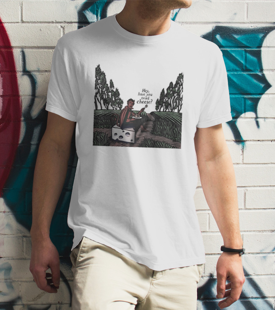 Devil Hey Have You Tried Cheese Sitting On Large Cheese Block In Countryside Scene T-Shirt