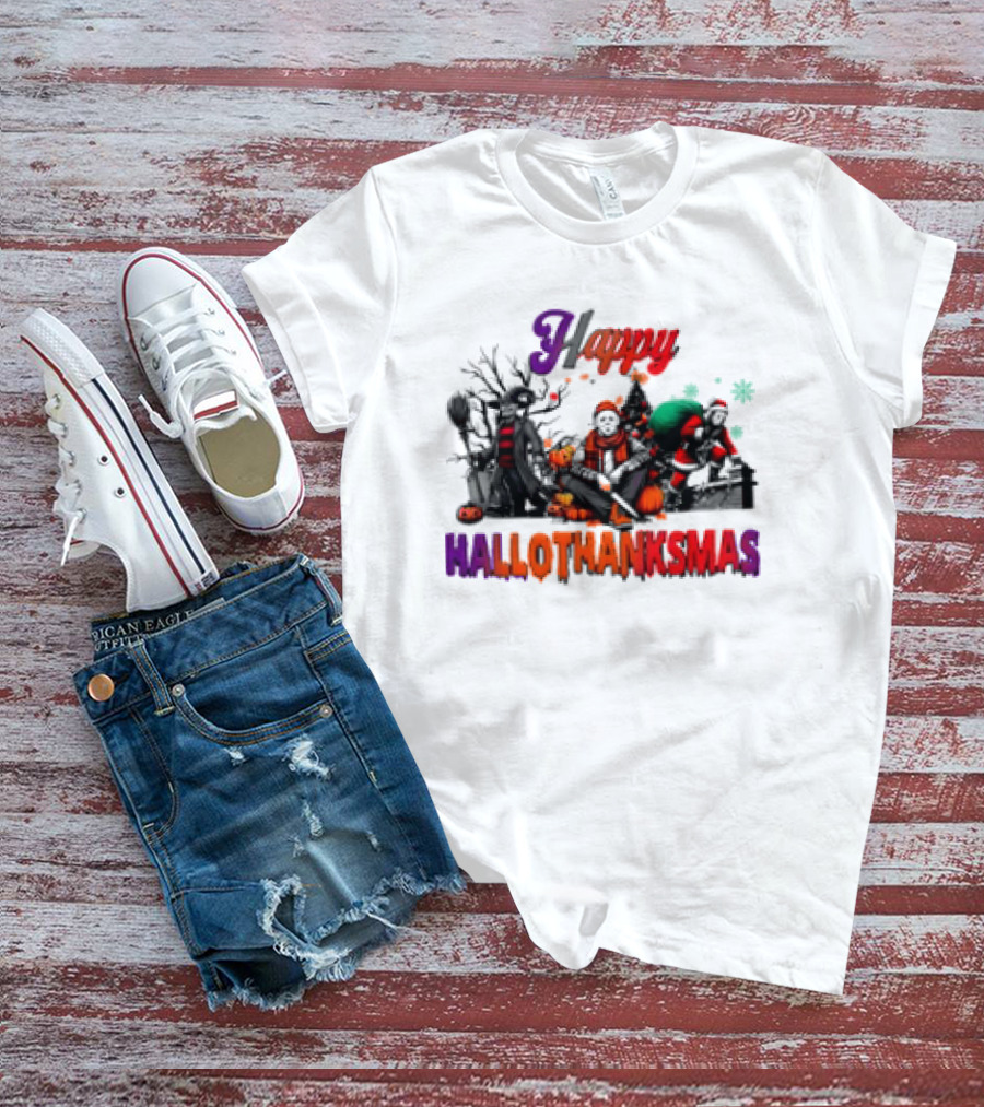 Happy Hallothanksmas Horror Freddy Voorhees Christmas Characters T-Shirt