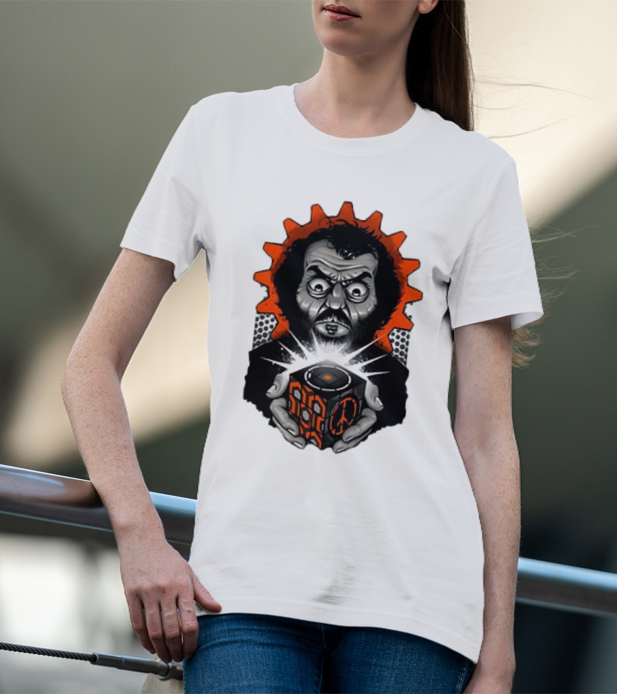 Stanley Kubrick Holding Glowing Cube With Orange Cogs And Geometric T-Shirt