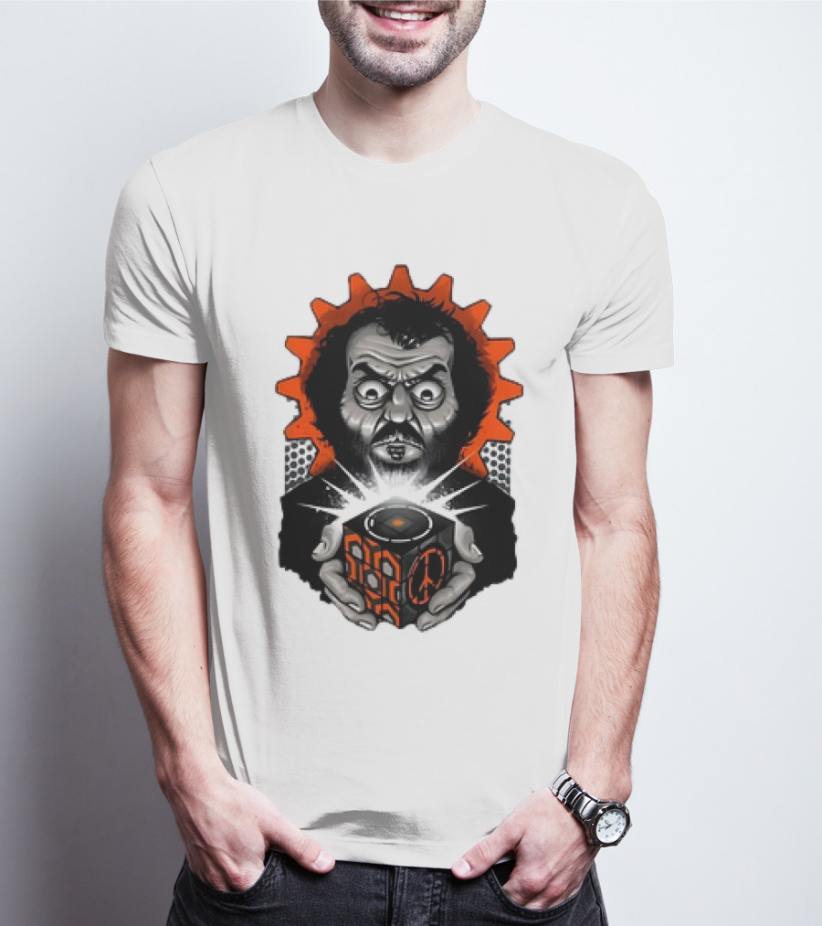 Stanley Kubrick Holding Glowing Cube With Orange Cogs And Geometric T-Shirt
