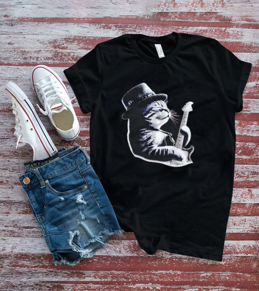 Cat Playing Guitar Funny Rock Music Guitar Cat T-Shirt