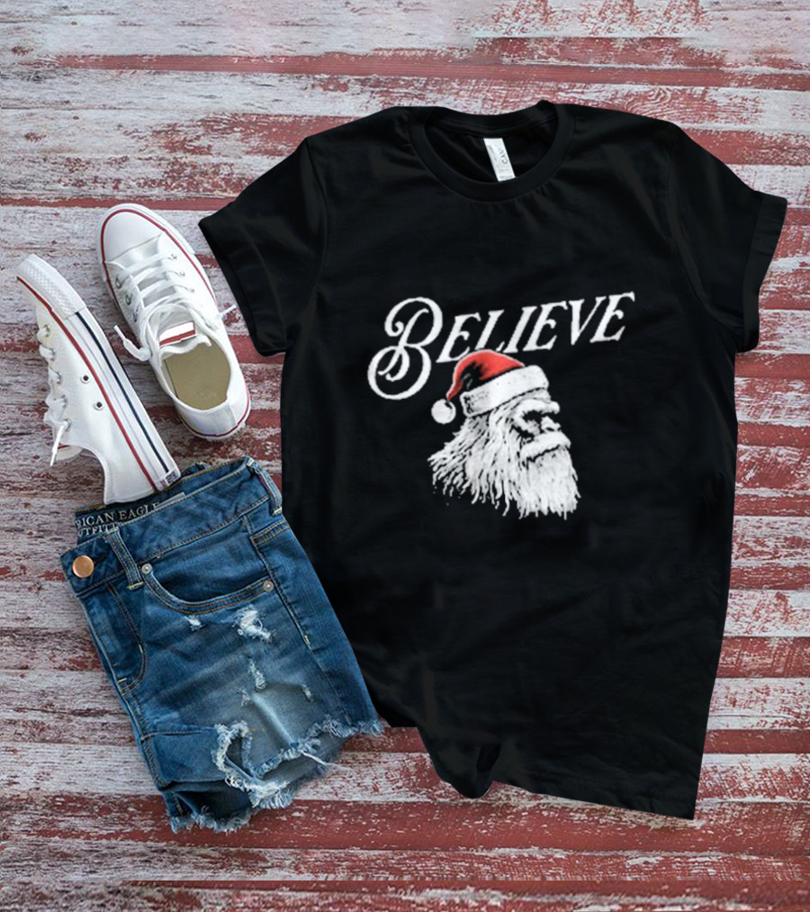 Believe Santa Squatch Christmas Yeti Face T-Shirt