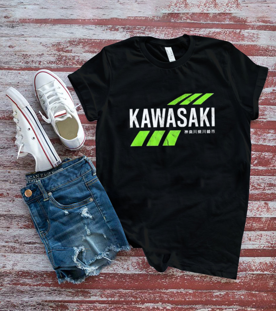 Kawasaki Green City Kanagawa Japanese Text Racing Stripes T-Shirt