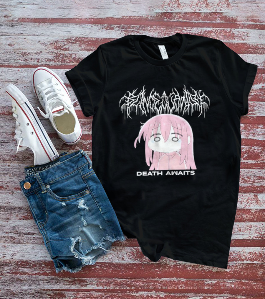 Bocchi The Rock Death Awaits Metal Style Art With Pink-Haired Character T-Shirt