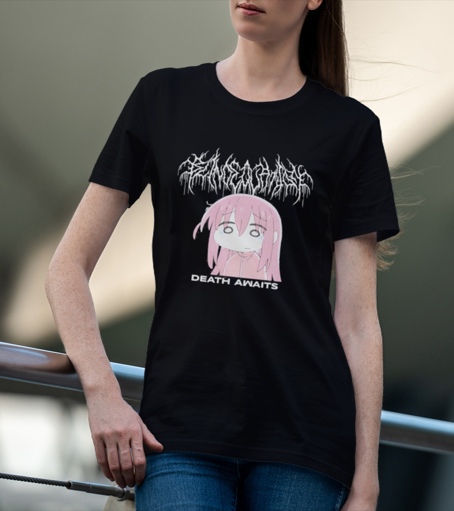 Bocchi The Rock Death Awaits Metal Style Art With Pink-Haired Character T-Shirt