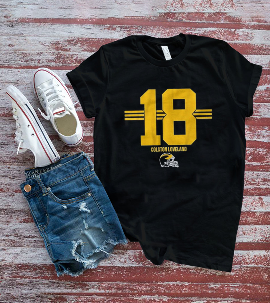 Colston Loveland 18 Michigan Football Helmet Stripe T-Shirt