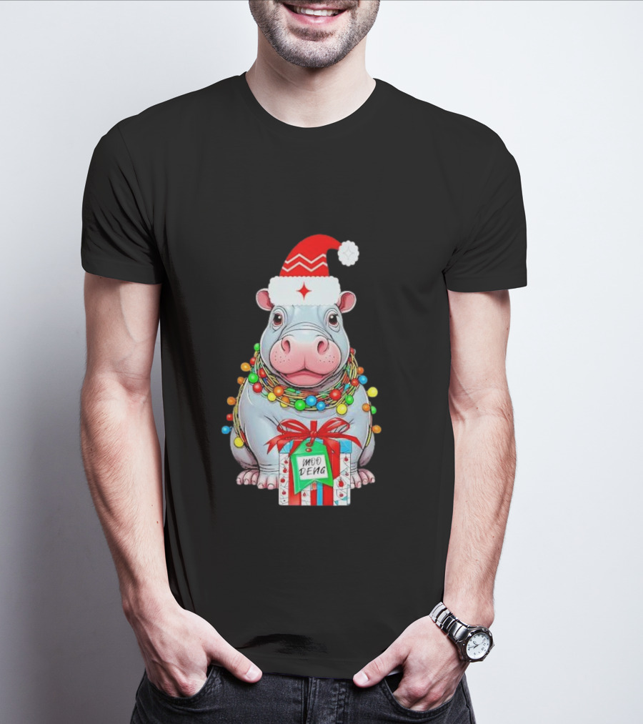 Moo Deng Merry Christmas Lights Tree Santa Hippo With Gift T-Shirt