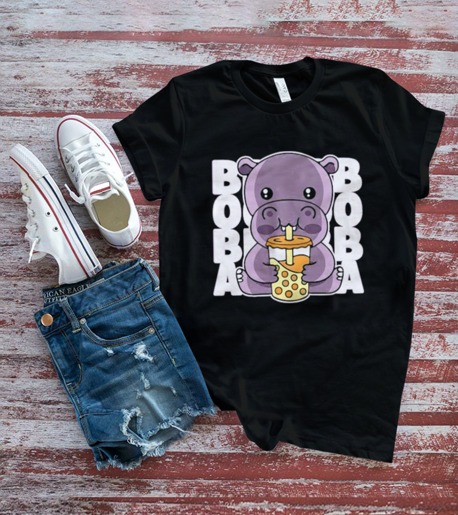 Kawaii Hippo Boba Tea Moo Deng Hippo Boba Boba T-Shirt
