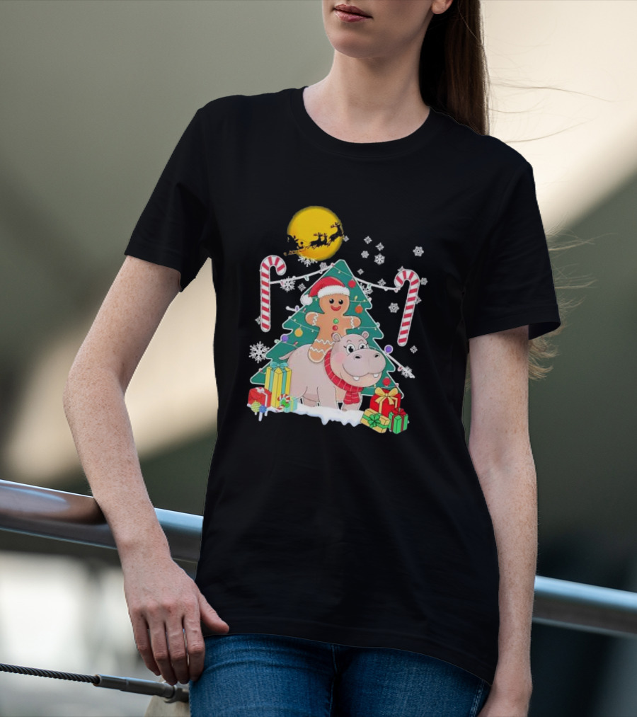 Santa Gingerbread Riding Hippo Christmas Candy Canes Snowflake Christmas Tree T-Shirt