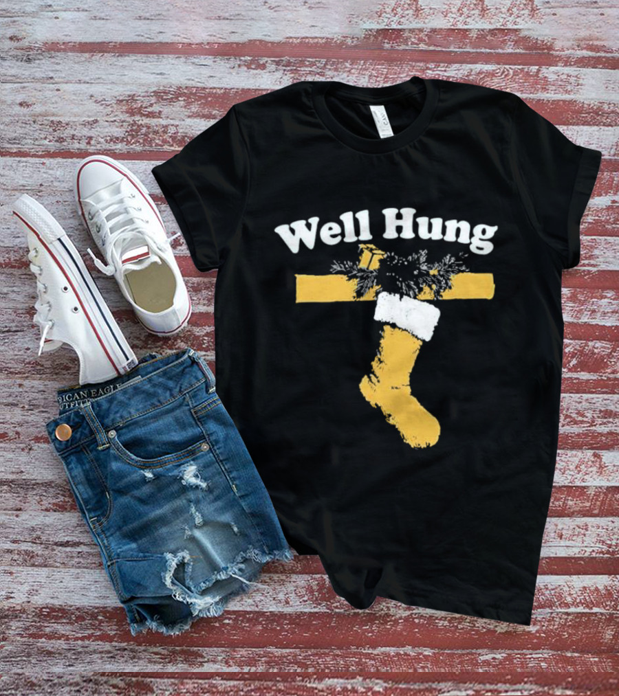 Well Hung Christmas Stocking Shot With Garland And Gift T-Shirt