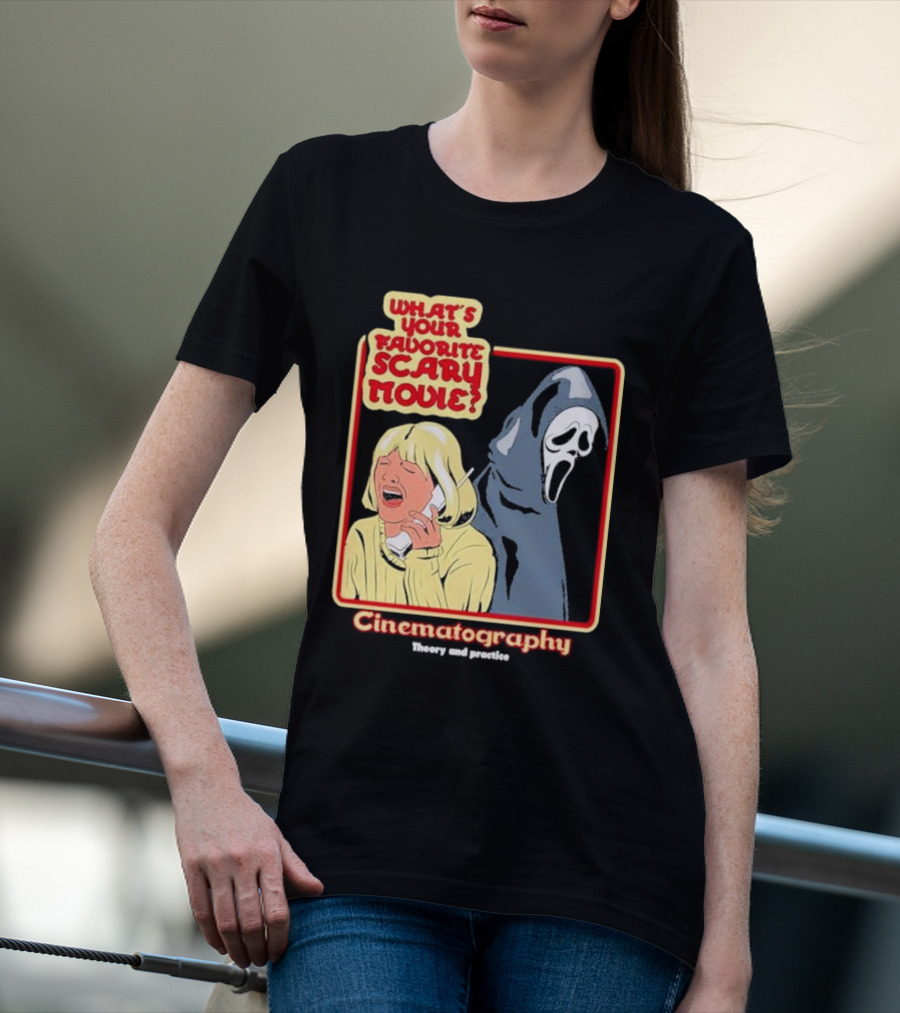What’s Your Favorite Scary Movie Cinematography Theory And Practice Ghost Mask Girl On Phone T-Shirt