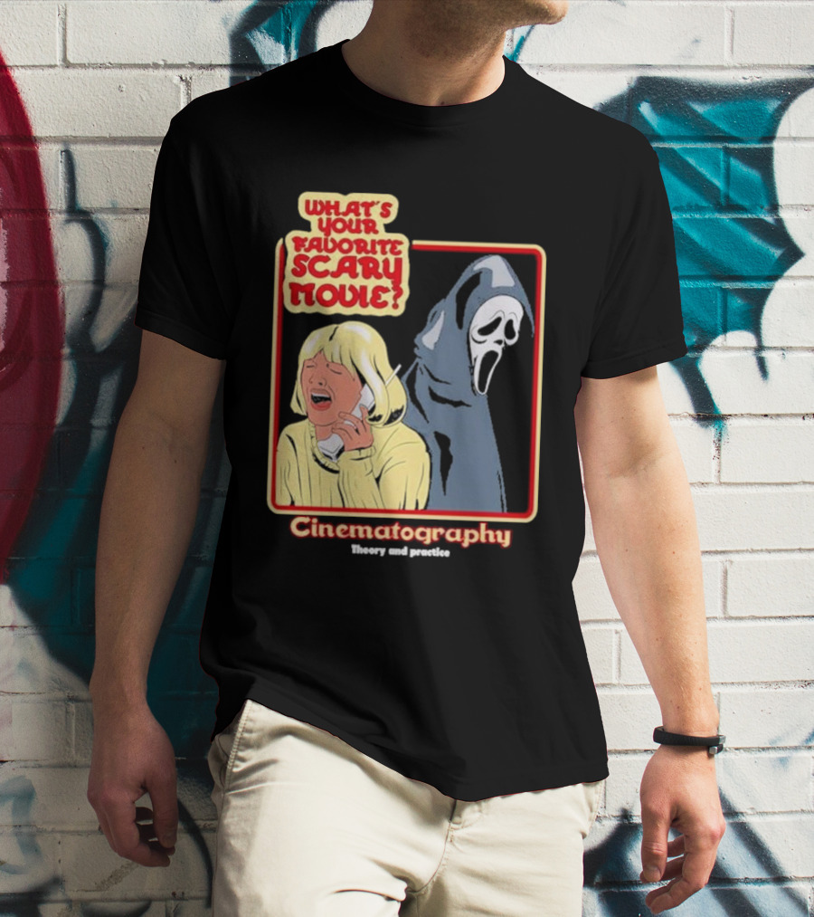 What’s Your Favorite Scary Movie Cinematography Theory And Practice Ghost Mask Girl On Phone T-Shirt